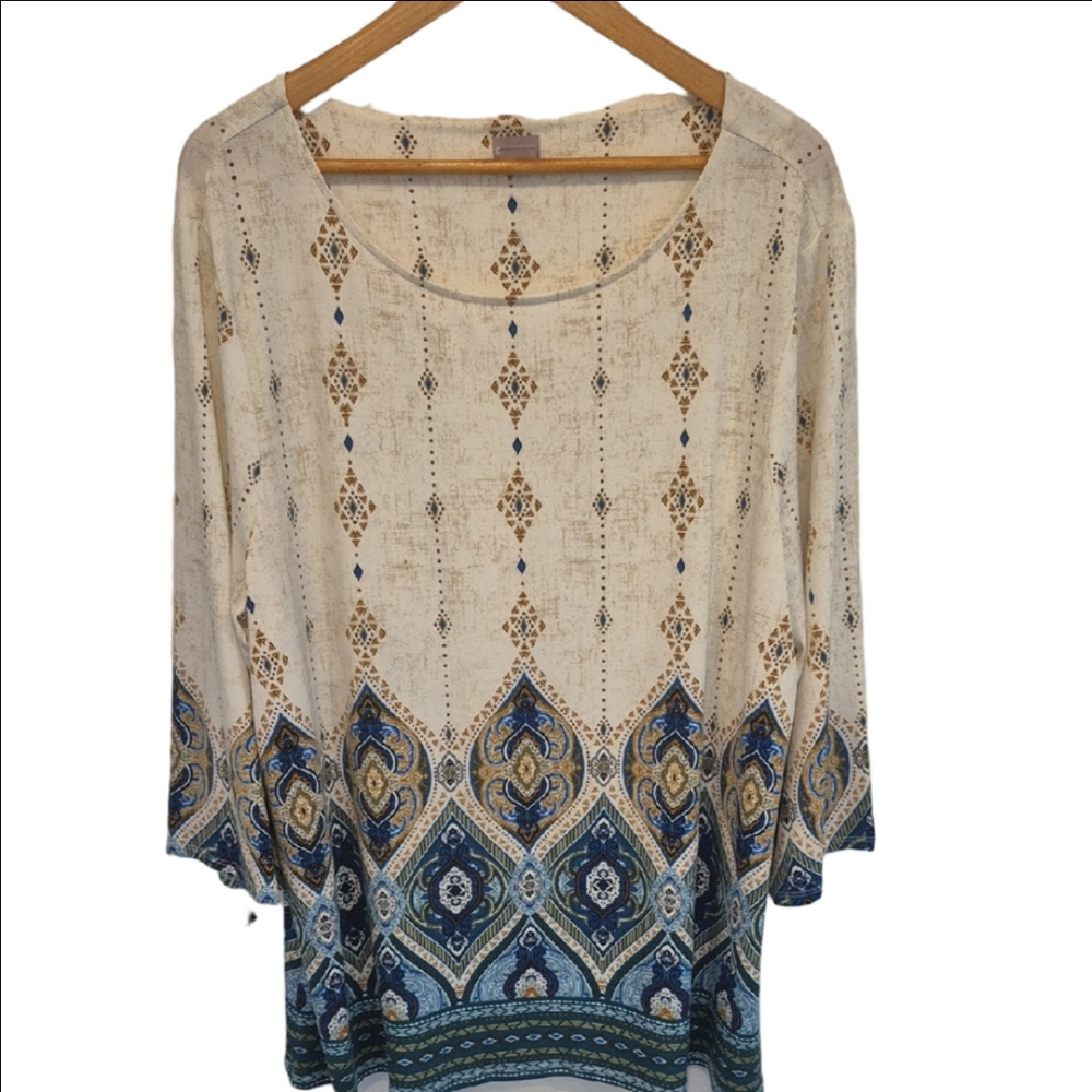 Chico's Blue and Gold Geometric 3/4 Sleeve Tunic Chico's Size 4